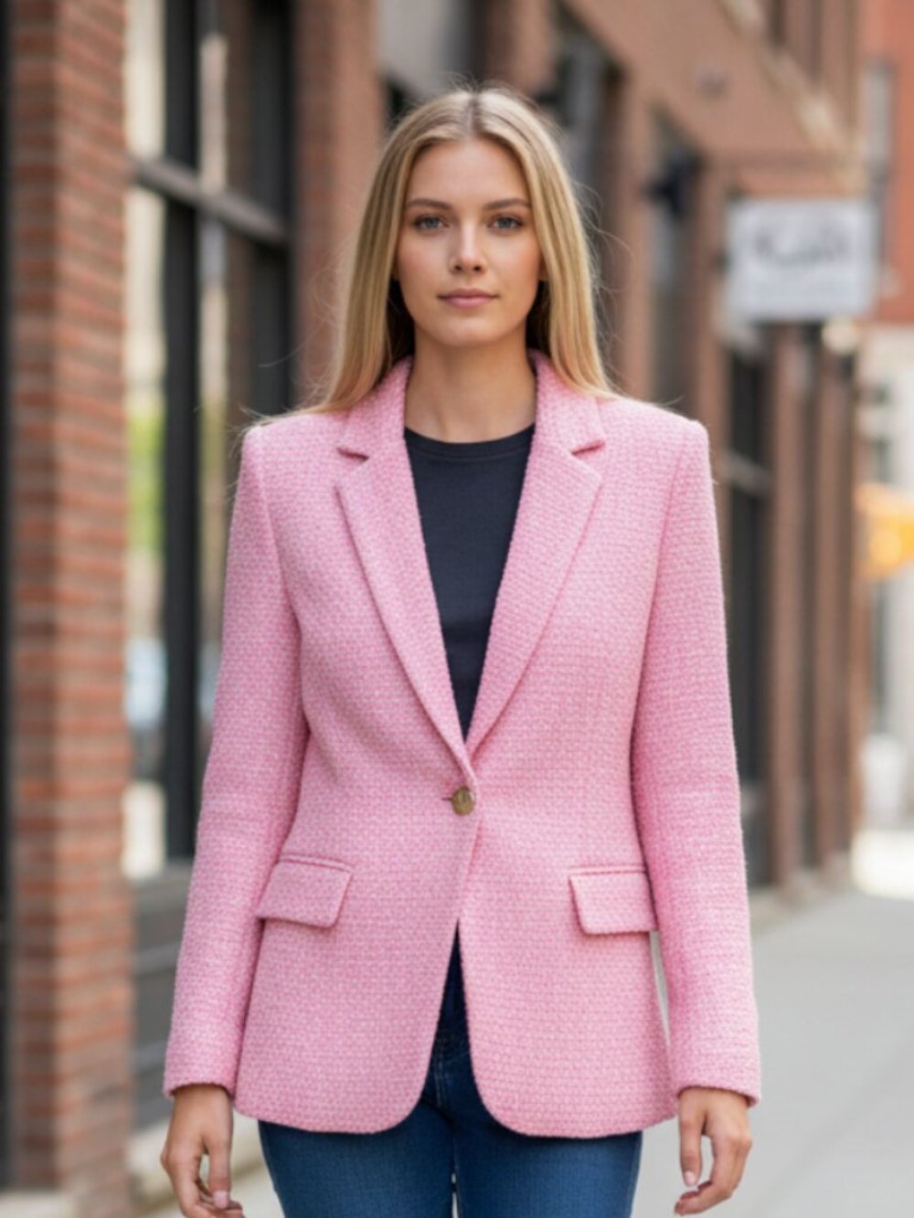 NWT EXPRESS $148 Hourglass Tweed Pink Bouclé Single-Button Blazer Jacket Large